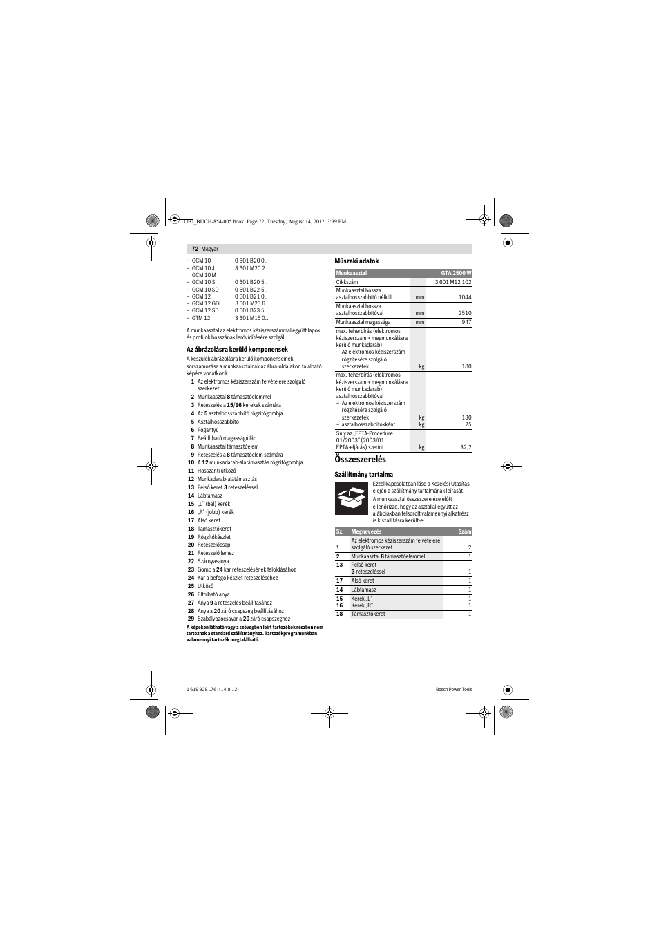Összeszerelés | Bosch GTA 2500 W Professional User Manual | Page 72 / 119