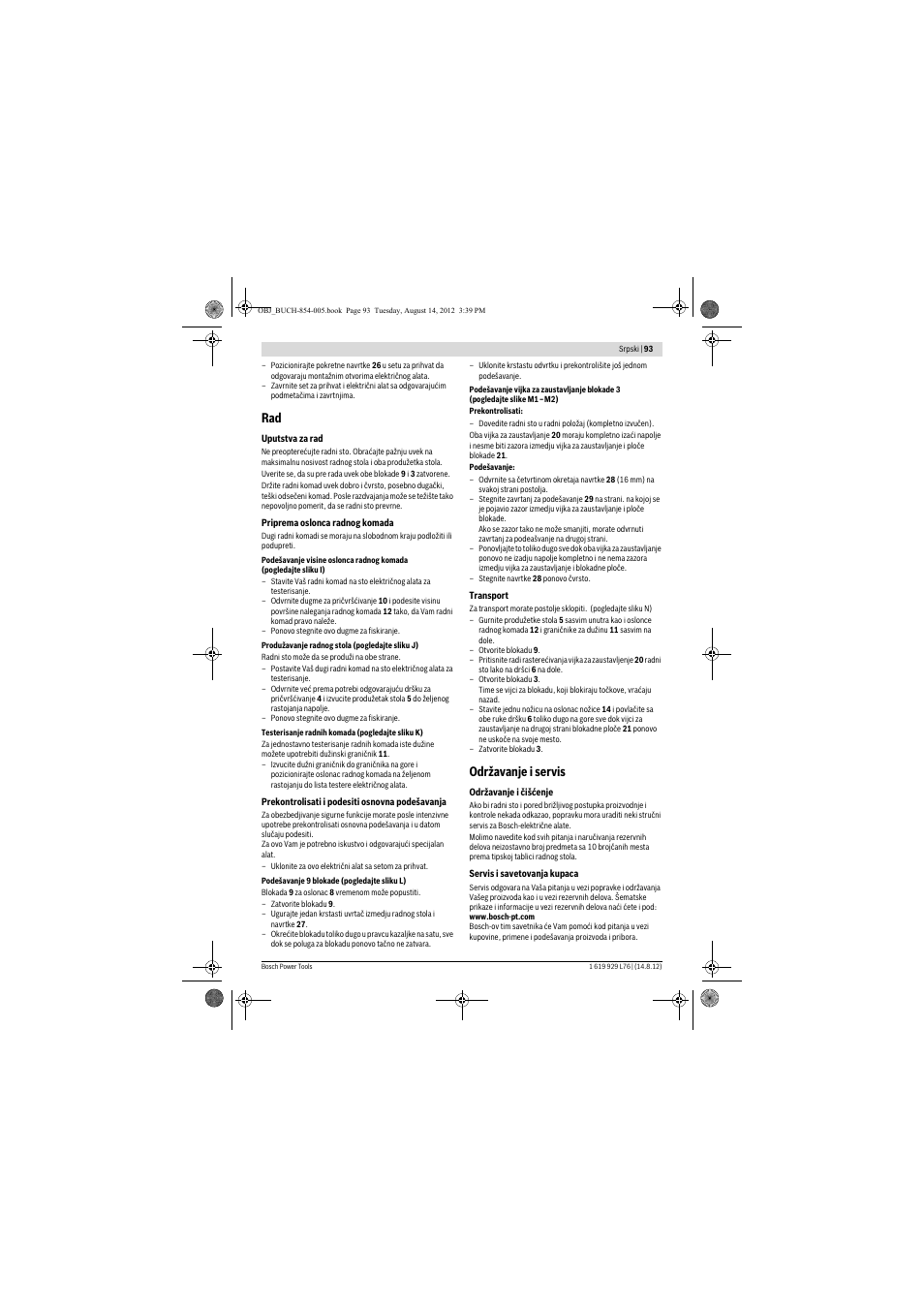 Održavanje i servis | Bosch GTA 2500 W Professional User Manual | Page 93 / 119