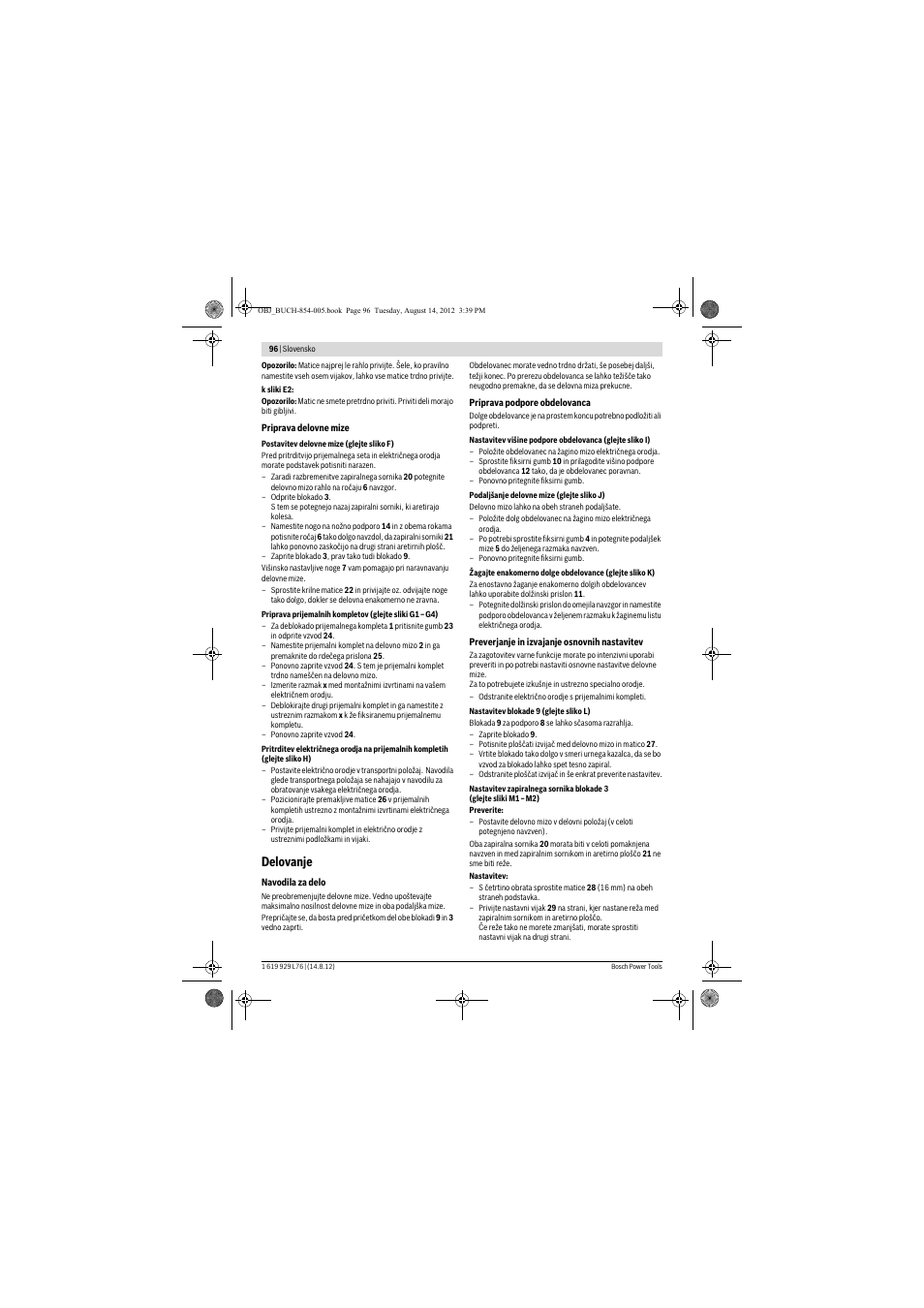 Delovanje | Bosch GTA 2500 W Professional User Manual | Page 96 / 119