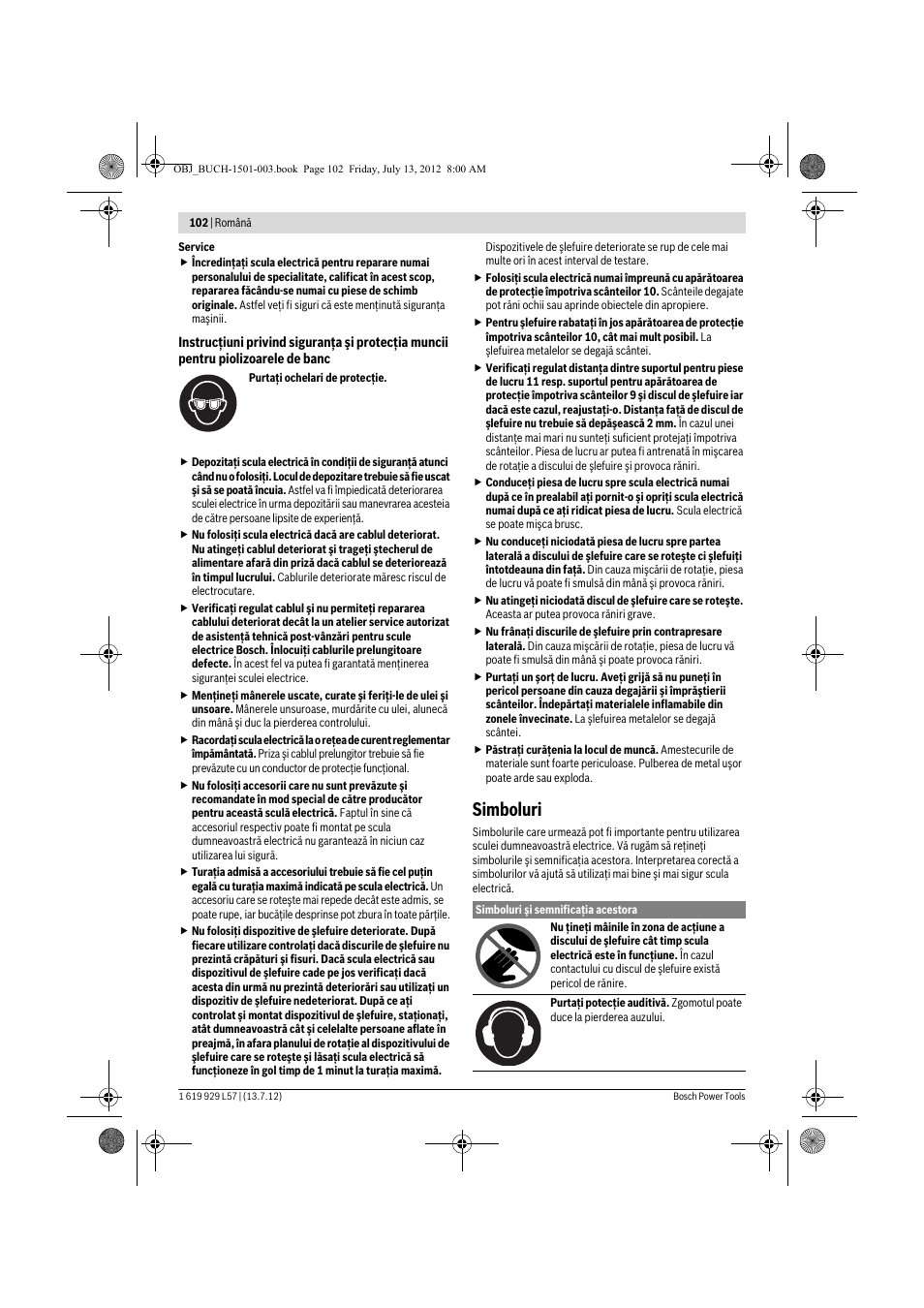 Simboluri | Bosch GBG 6 Professional User Manual | Page 102 / 150