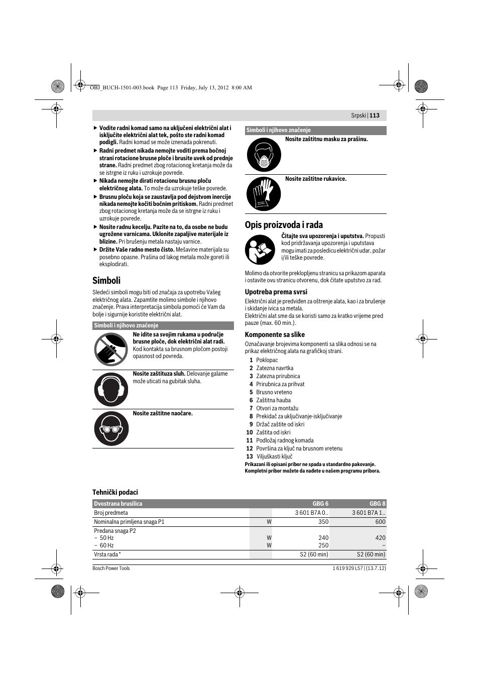 Simboli, Opis proizvoda i rada | Bosch GBG 6 Professional User Manual | Page 113 / 150