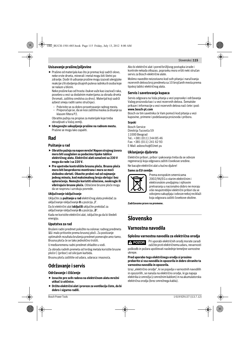 Slovensko, Održavanje i servis, Varnostna navodila | Bosch GBG 6 Professional User Manual | Page 115 / 150