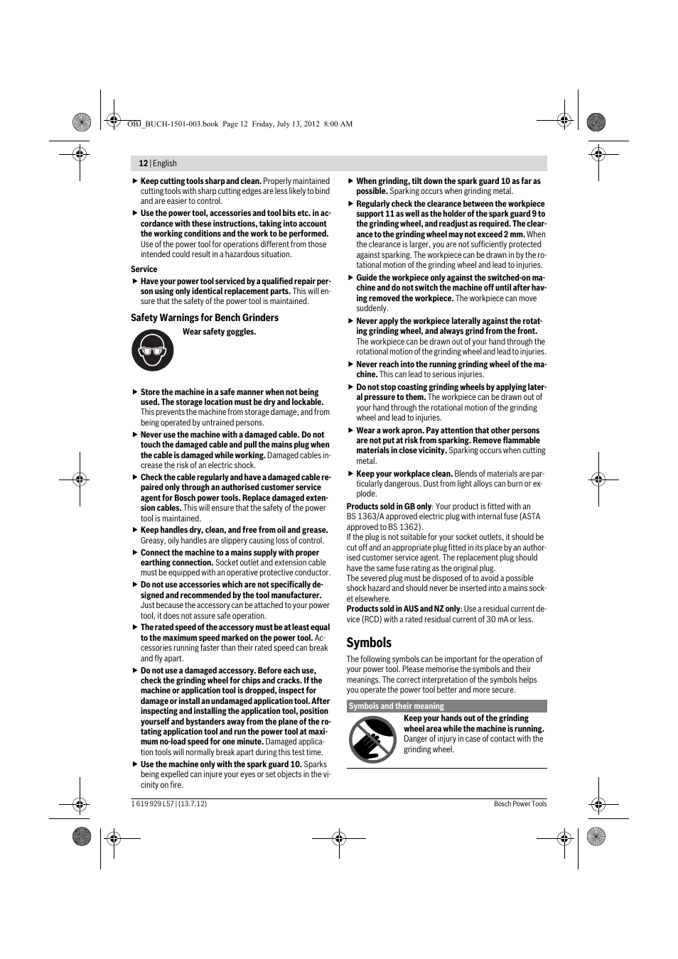 Symbols | Bosch GBG 6 Professional User Manual | Page 12 / 150
