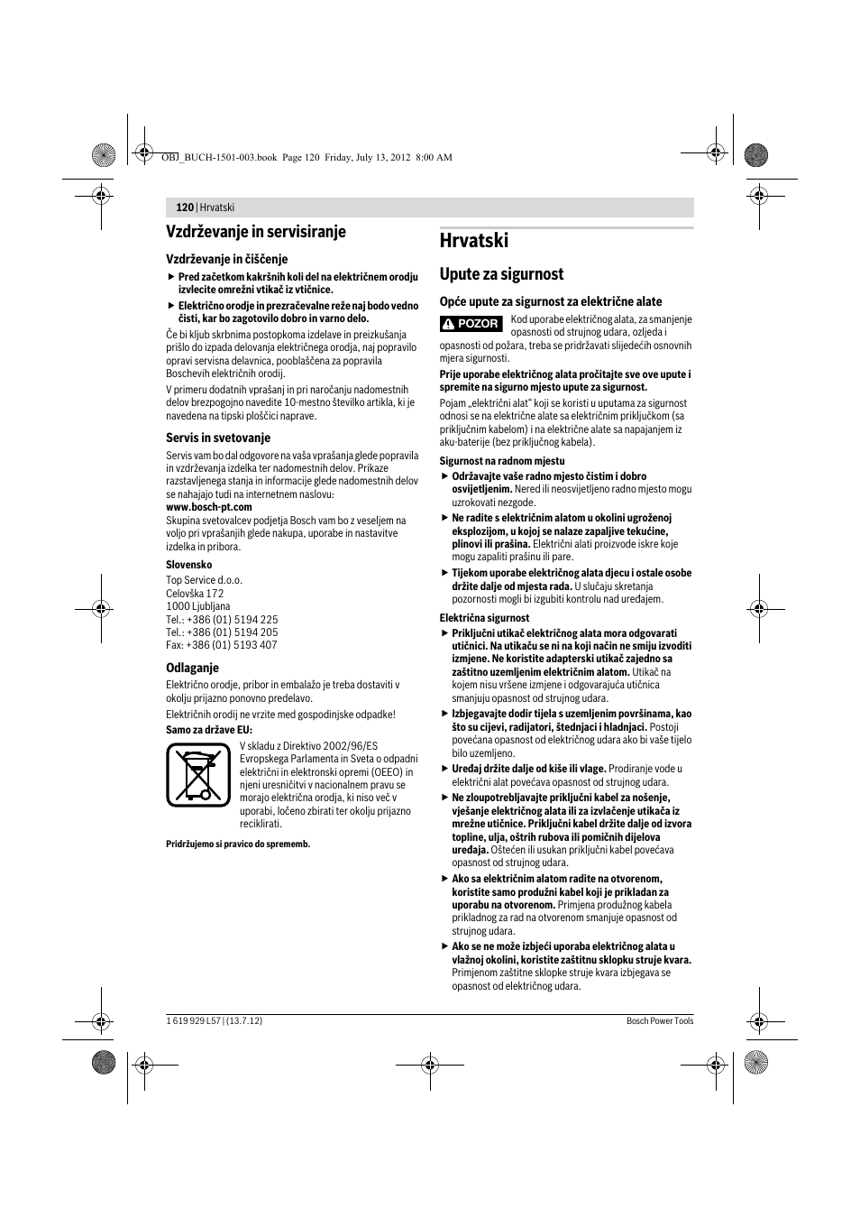 Hrvatski, Vzdrževanje in servisiranje, Upute za sigurnost | Bosch GBG 6 Professional User Manual | Page 120 / 150