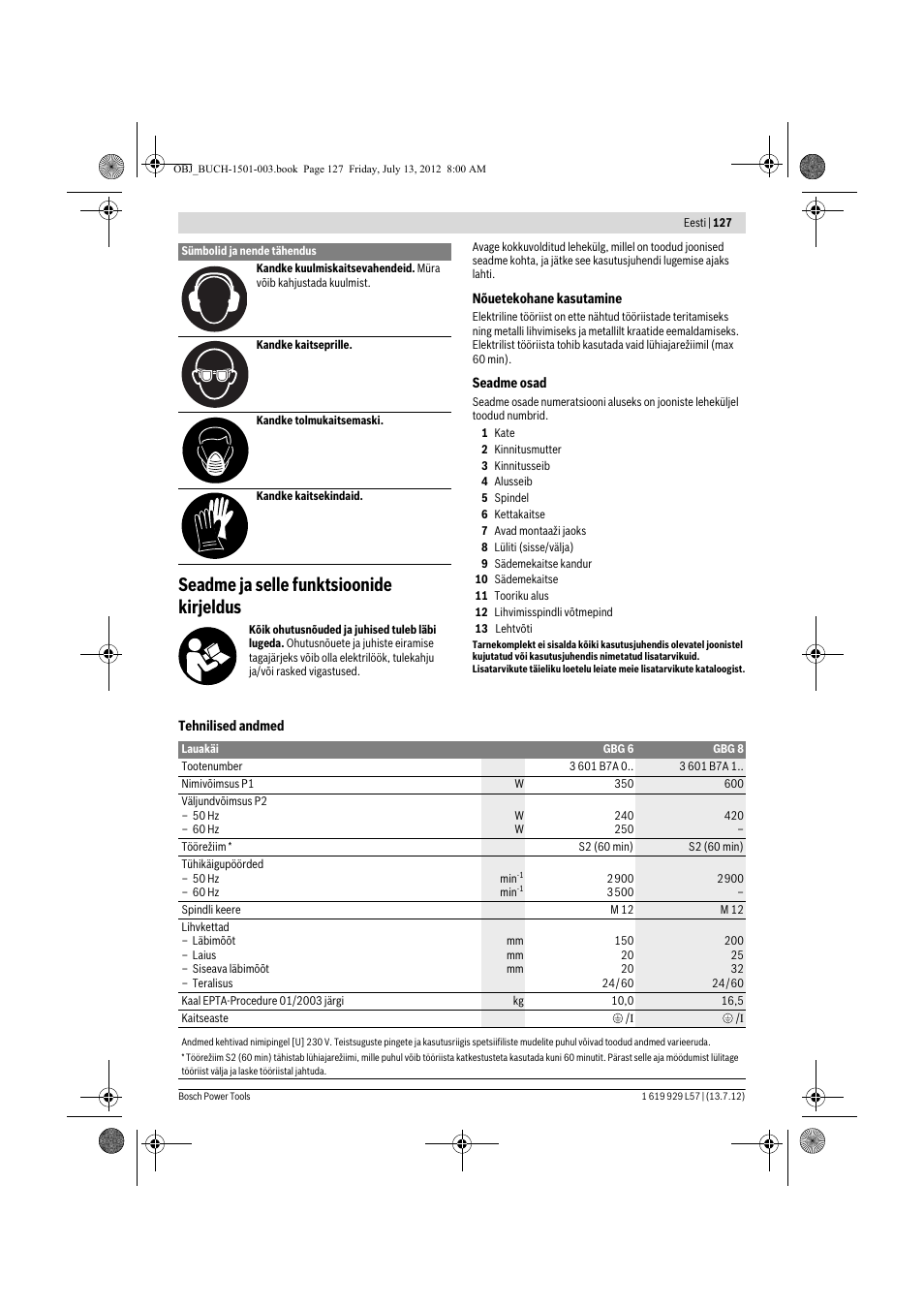 Seadme ja selle funktsioonide kirjeldus | Bosch GBG 6 Professional User Manual | Page 127 / 150