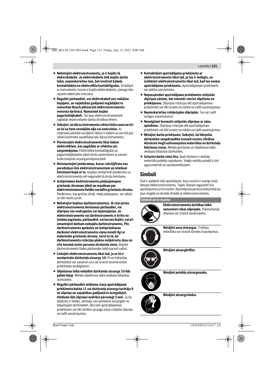 Simboli | Bosch GBG 6 Professional User Manual | Page 131 / 150