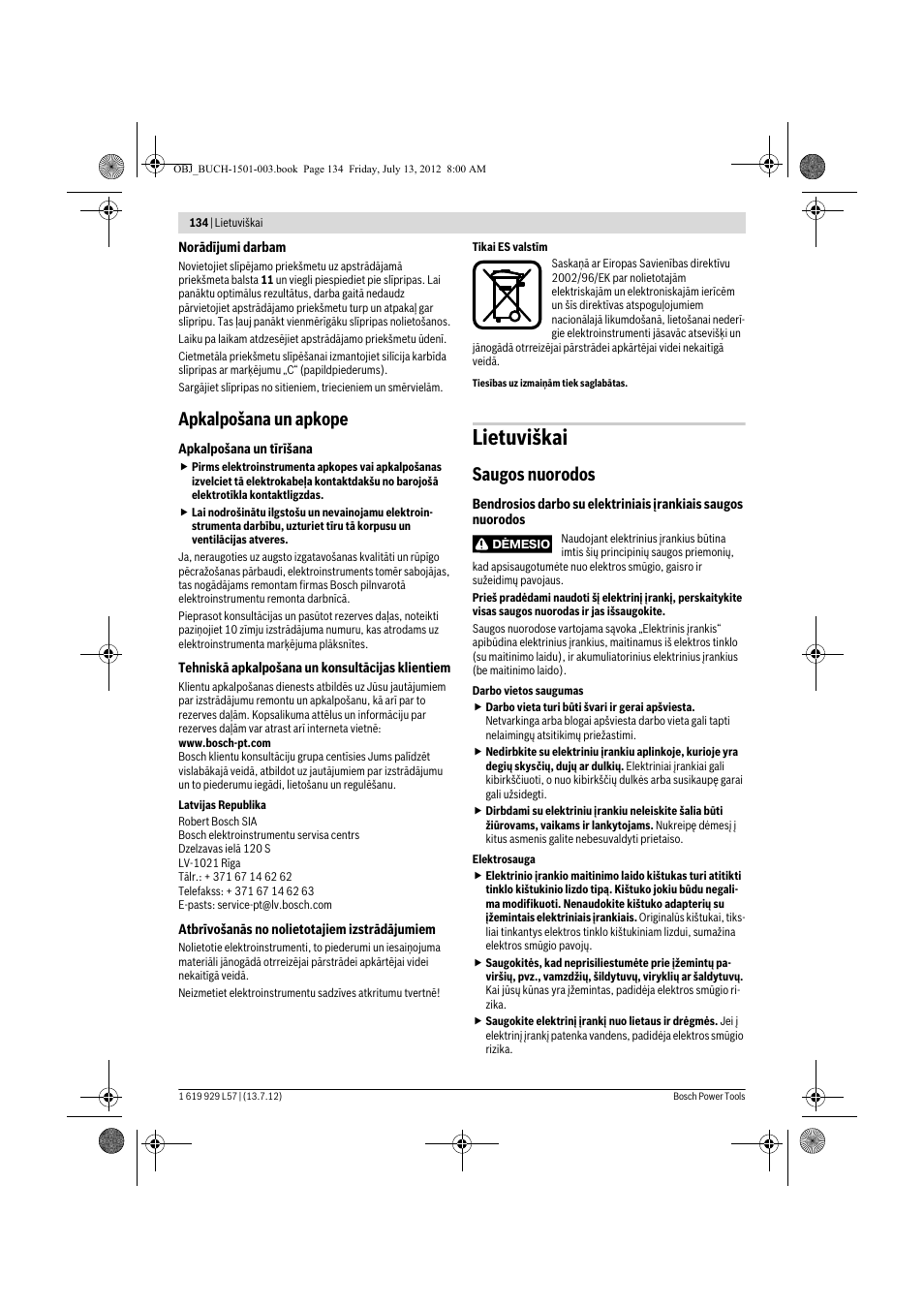 Lietuviškai, Apkalpošana un apkope, Saugos nuorodos | Bosch GBG 6 Professional User Manual | Page 134 / 150