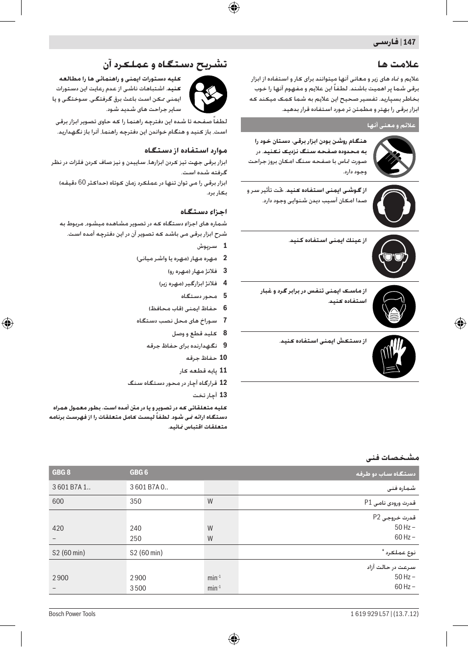 ﺎﻫ ﺖﻣﻼﻋ, ﻥﺁ ﺩﺮﮑﻠﻤﻋ ﻭ ﻩﺎﮕﺘﺳﺩ ﺢﯾﺮﺸﺗ, ﯽﺳﺭﺎﻓ | ﻩﺎﮕﺘﺳﺩ ﺯﺍ ﻩﺩﺎﻔﺘﺳﺍ ﺩﺭﺍﻮﻣ, ﻩﺎﮕﺘﺳﺩ ﺀﺍﺰﺟﺍ, ﯽﻨﻓ ﺕﺎﺼﺨﺸﻣ | Bosch GBG 6 Professional User Manual | Page 147 / 150