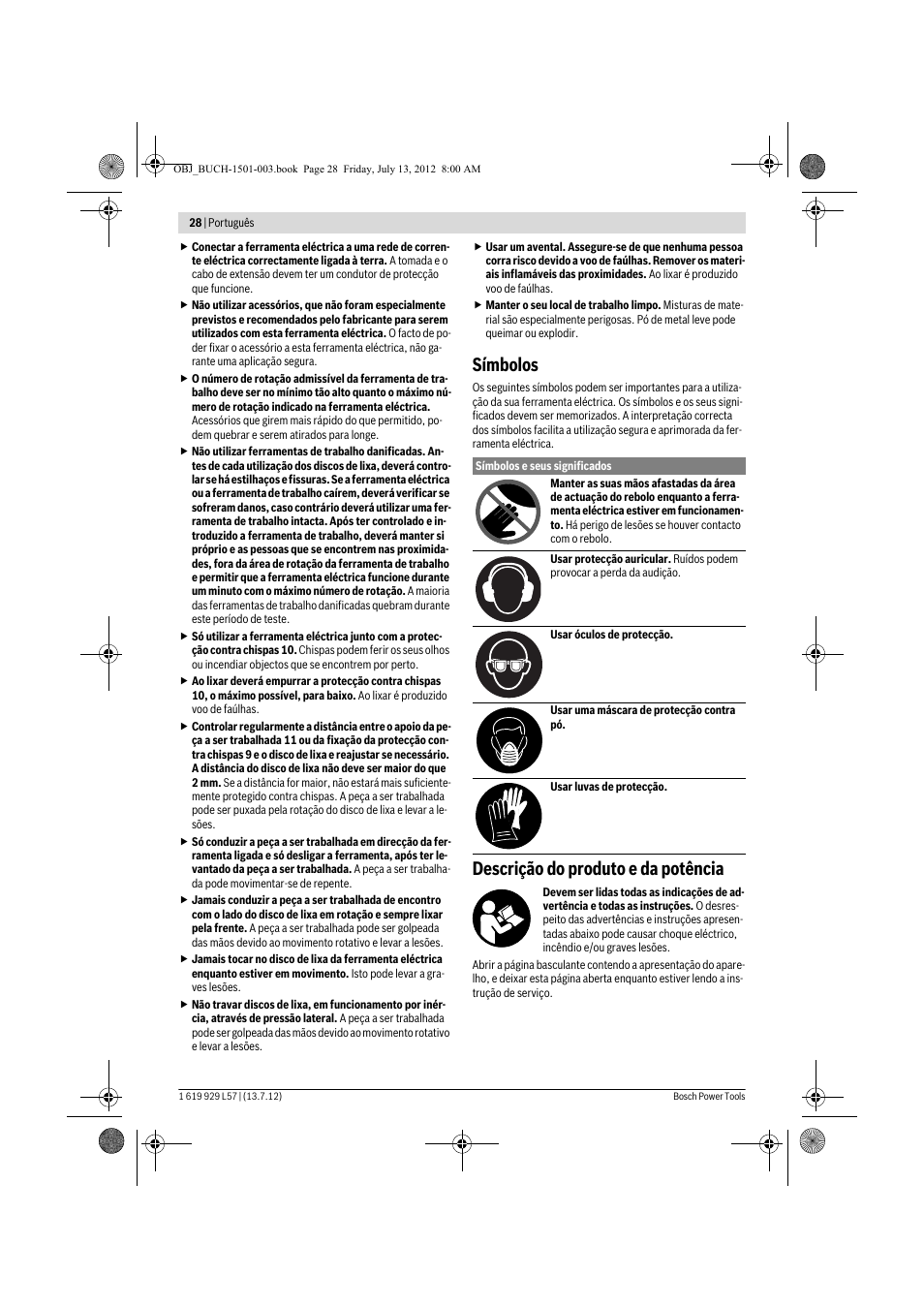 Símbolos, Descrição do produto e da potência | Bosch GBG 6 Professional User Manual | Page 28 / 150