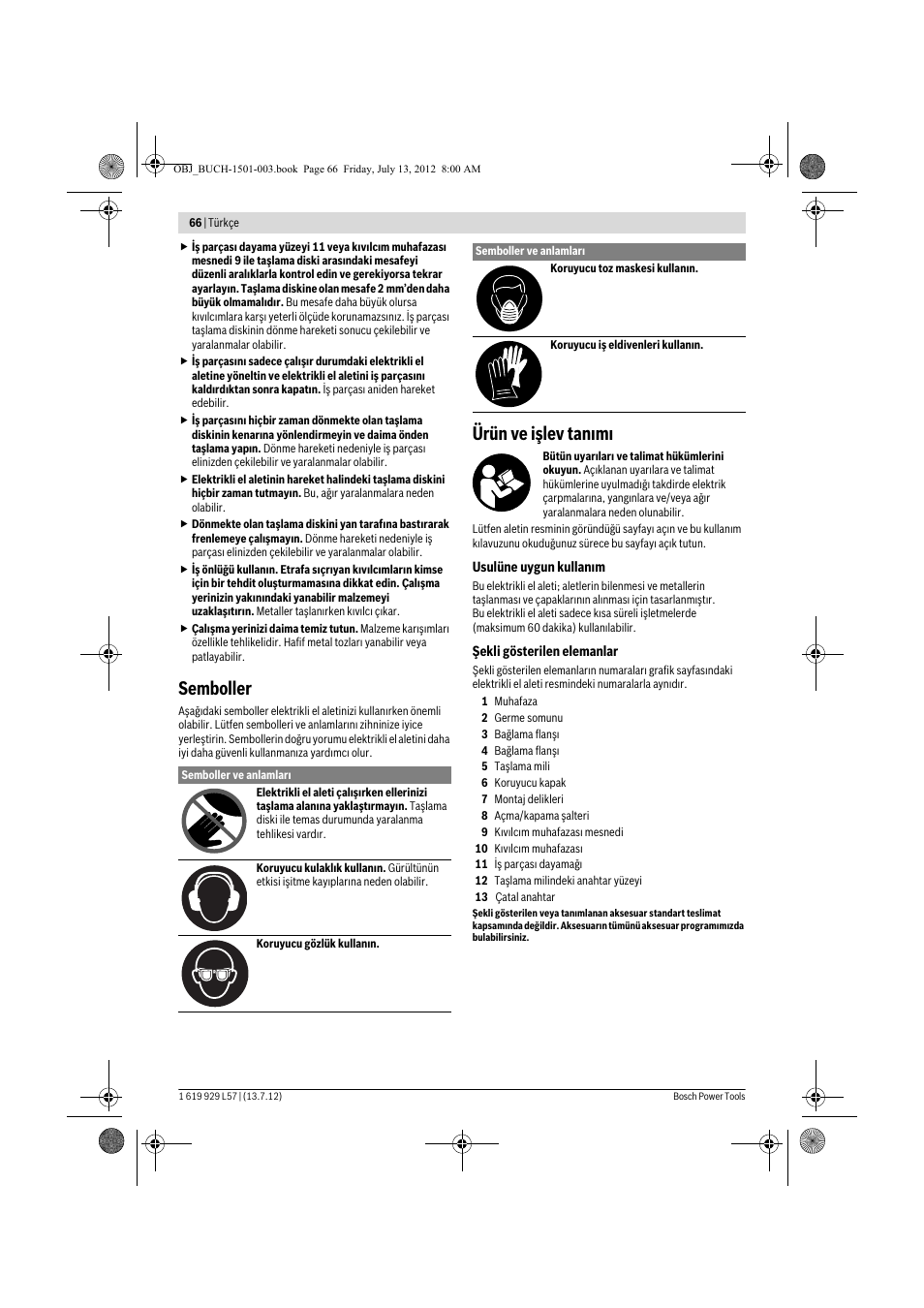 Semboller, Ürün ve işlev tan m | Bosch GBG 6 Professional User Manual | Page 66 / 150