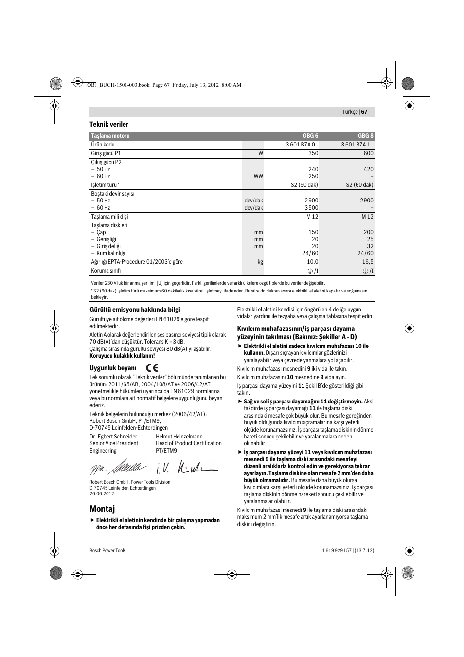 Montaj | Bosch GBG 6 Professional User Manual | Page 67 / 150