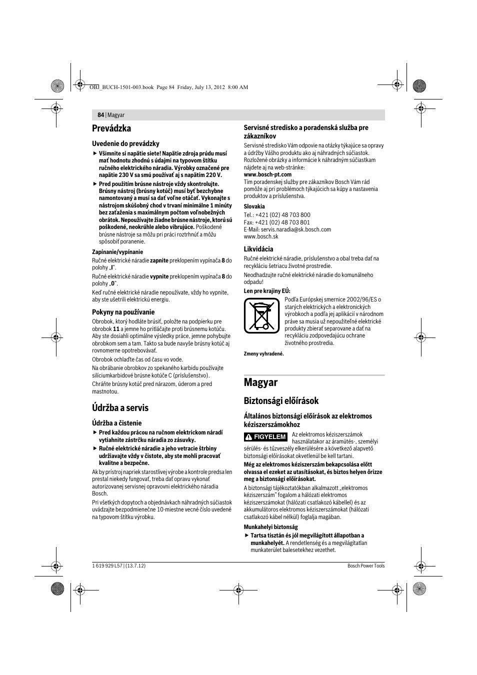 Magyar, Prevádzka, Údržba a servis | Biztonsági előírások | Bosch GBG 6 Professional User Manual | Page 84 / 150