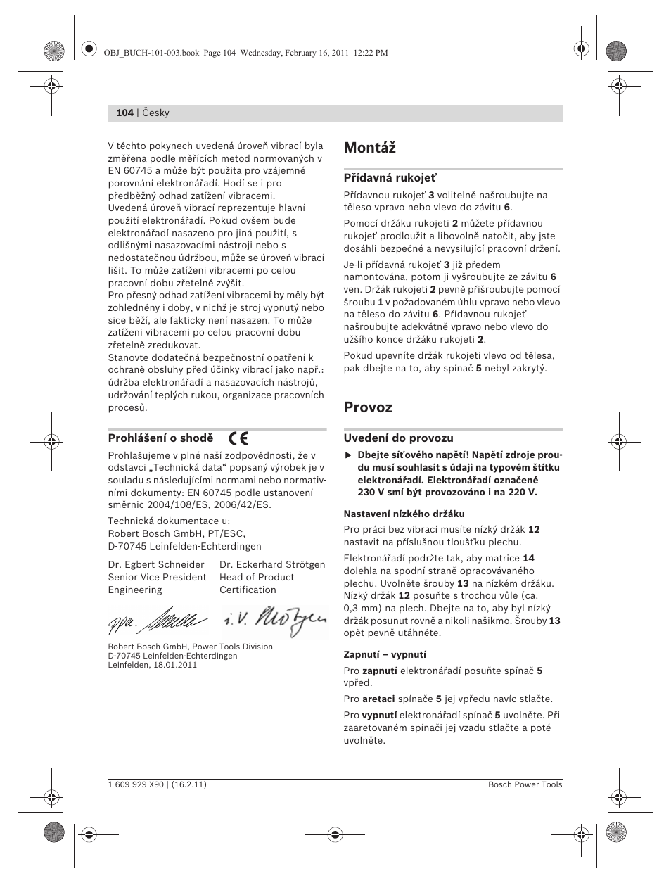 Montáž, Provoz | Bosch GNA 3,5 Professional User Manual | Page 104 / 199
