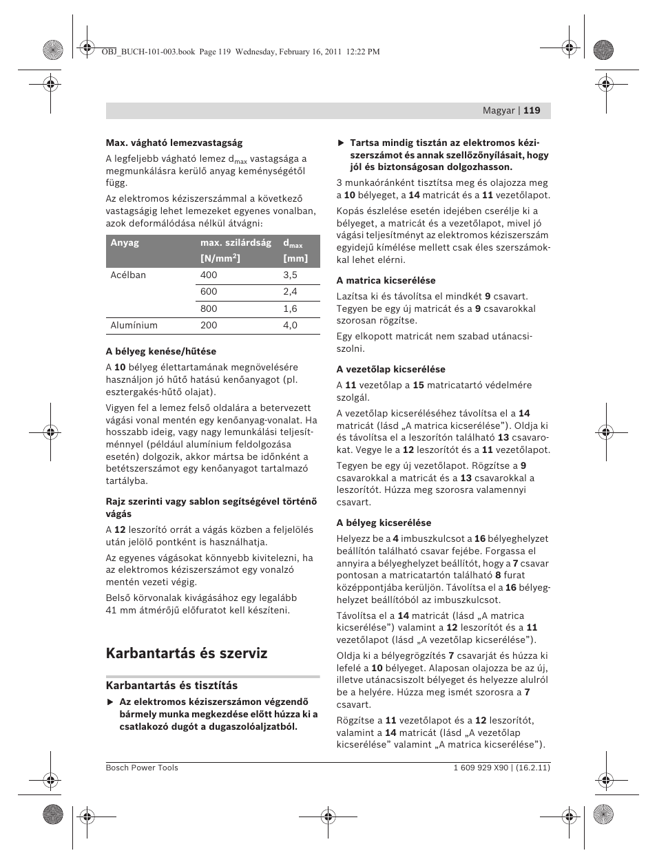 Karbantartás és szerviz | Bosch GNA 3,5 Professional User Manual | Page 119 / 199