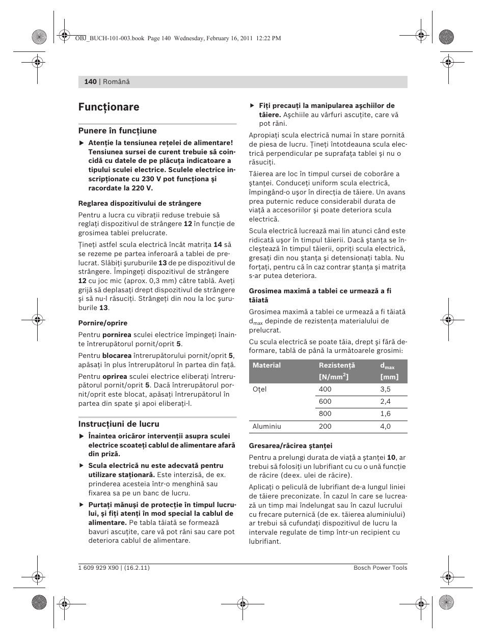 Funcţionare | Bosch GNA 3,5 Professional User Manual | Page 140 / 199