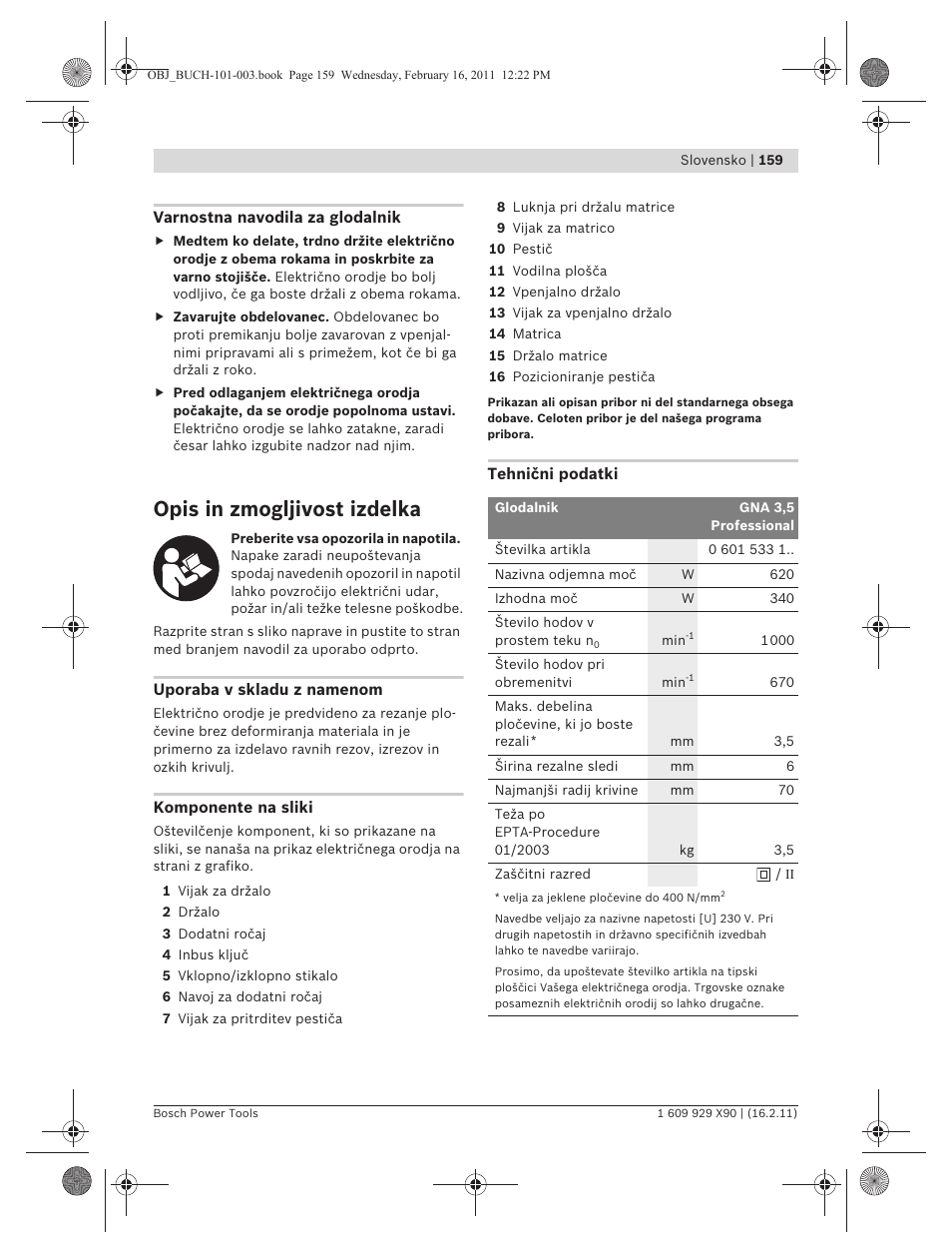 Opis in zmogljivost izdelka | Bosch GNA 3,5 Professional User Manual | Page 159 / 199