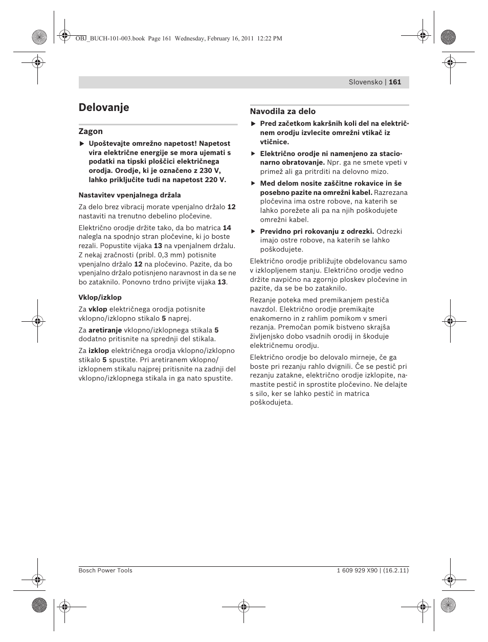 Delovanje | Bosch GNA 3,5 Professional User Manual | Page 161 / 199
