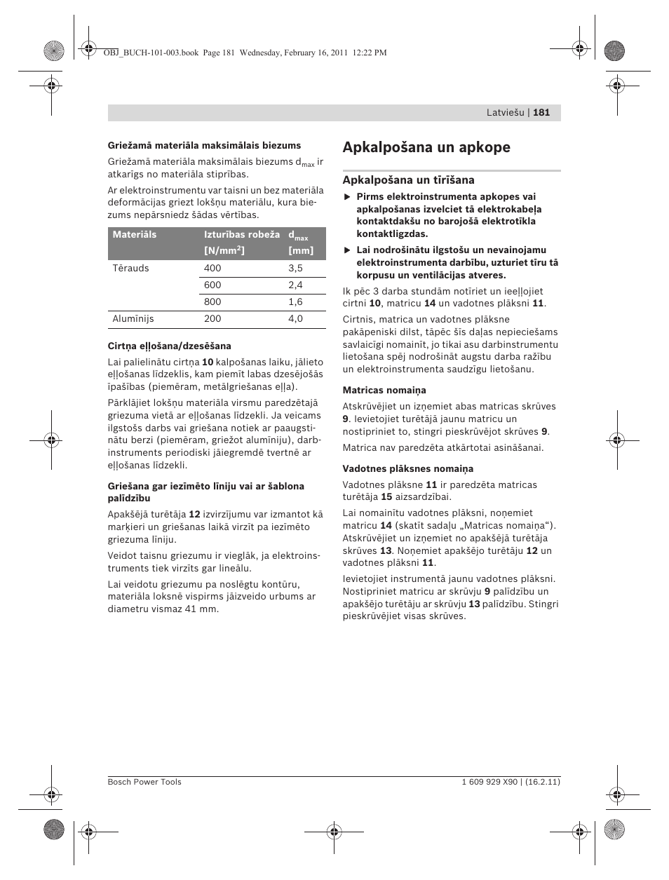 Apkalpošana un apkope | Bosch GNA 3,5 Professional User Manual | Page 181 / 199