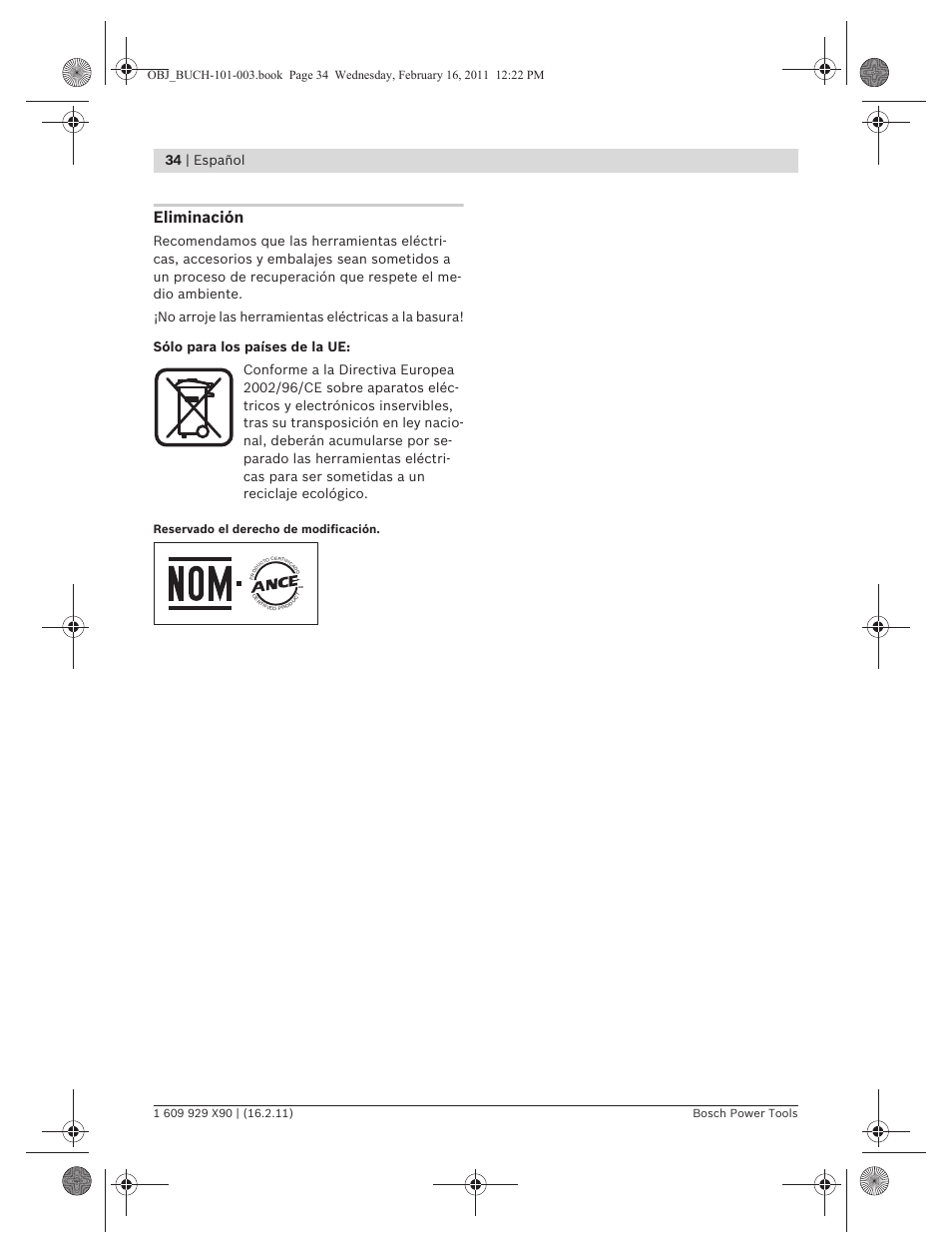 Eliminación, 34 | español, Reservado el derecho de modificación | Bosch GNA 3,5 Professional User Manual | Page 34 / 199