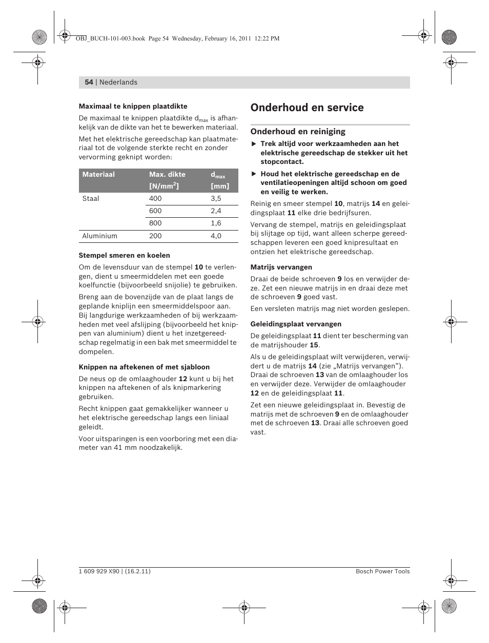 Onderhoud en service | Bosch GNA 3,5 Professional User Manual | Page 54 / 199