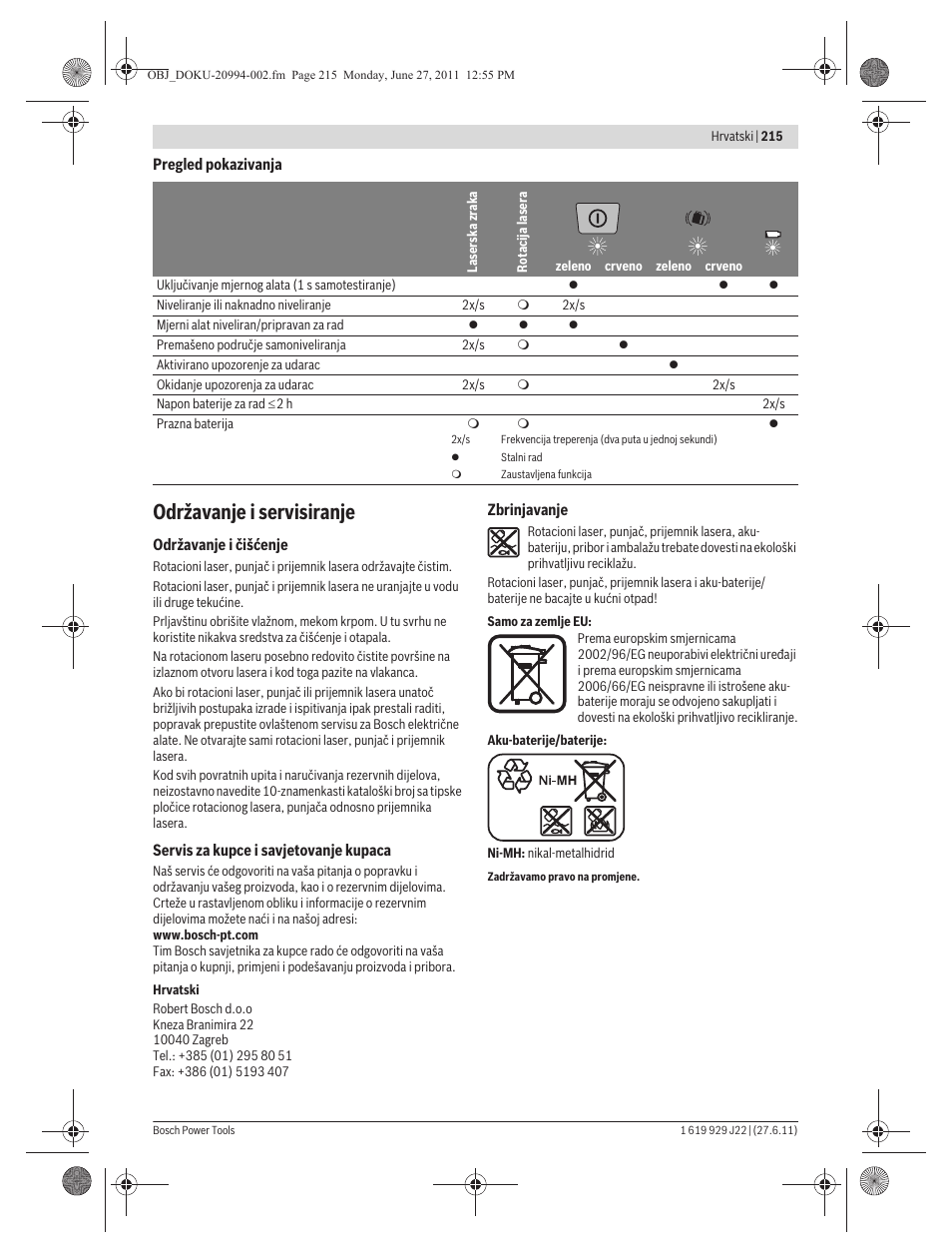 Održavanje i servisiranje | Bosch GRL 400 H Professional User Manual | Page 215 / 259