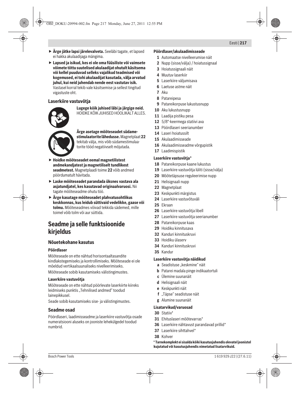 Seadme ja selle funktsioonide kirjeldus | Bosch GRL 400 H Professional User Manual | Page 217 / 259
