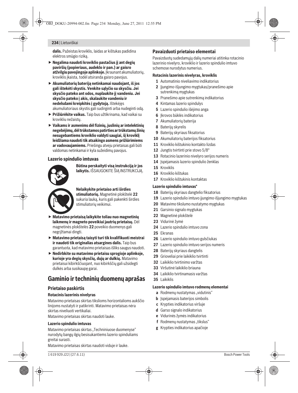 Gaminio ir techninių duomenų aprašas | Bosch GRL 400 H Professional User Manual | Page 234 / 259