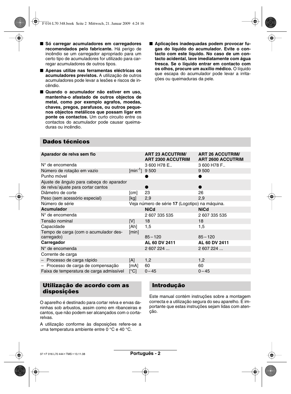 Dados técnicos, Utilização de acordo com as disposições introdução | Bosch ART 23 Accutrim User Manual | Page 37 / 201