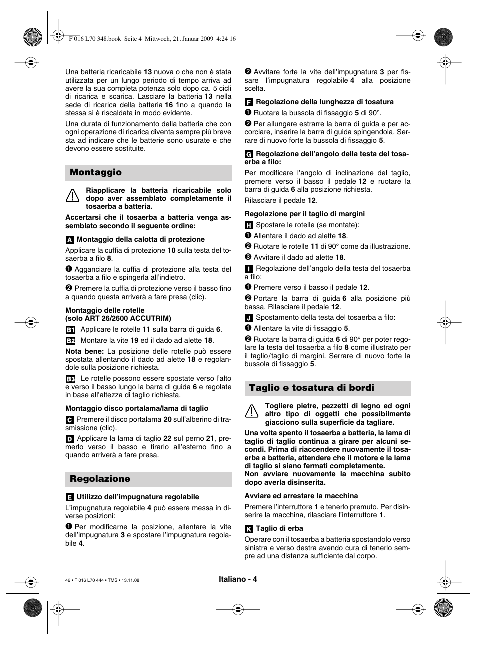 Montaggio regolazione, Taglio e tosatura di bordi | Bosch ART 23 Accutrim User Manual | Page 46 / 201