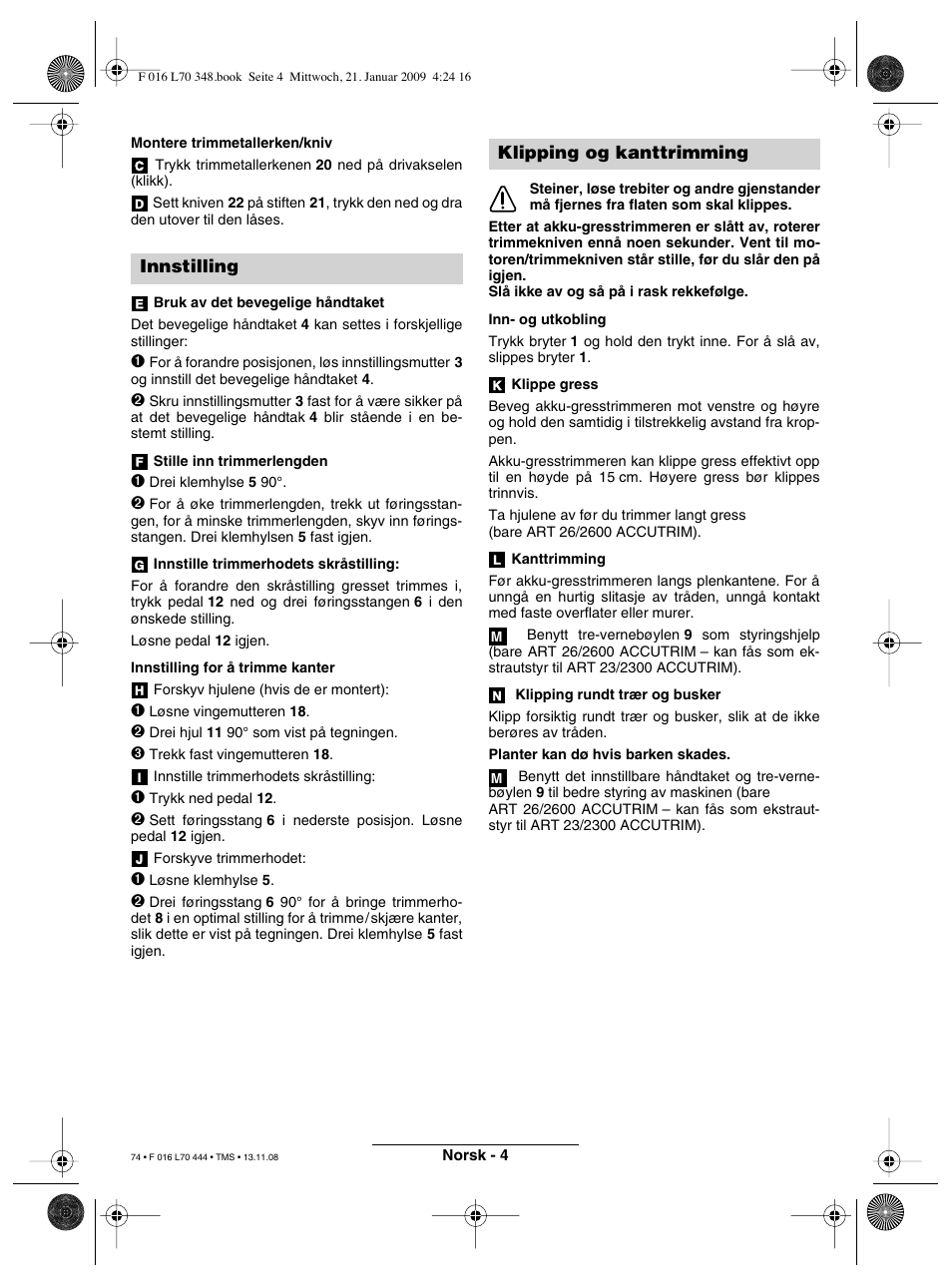 Innstilling, Klipping og kanttrimming | Bosch ART 23 Accutrim User Manual | Page 74 / 201