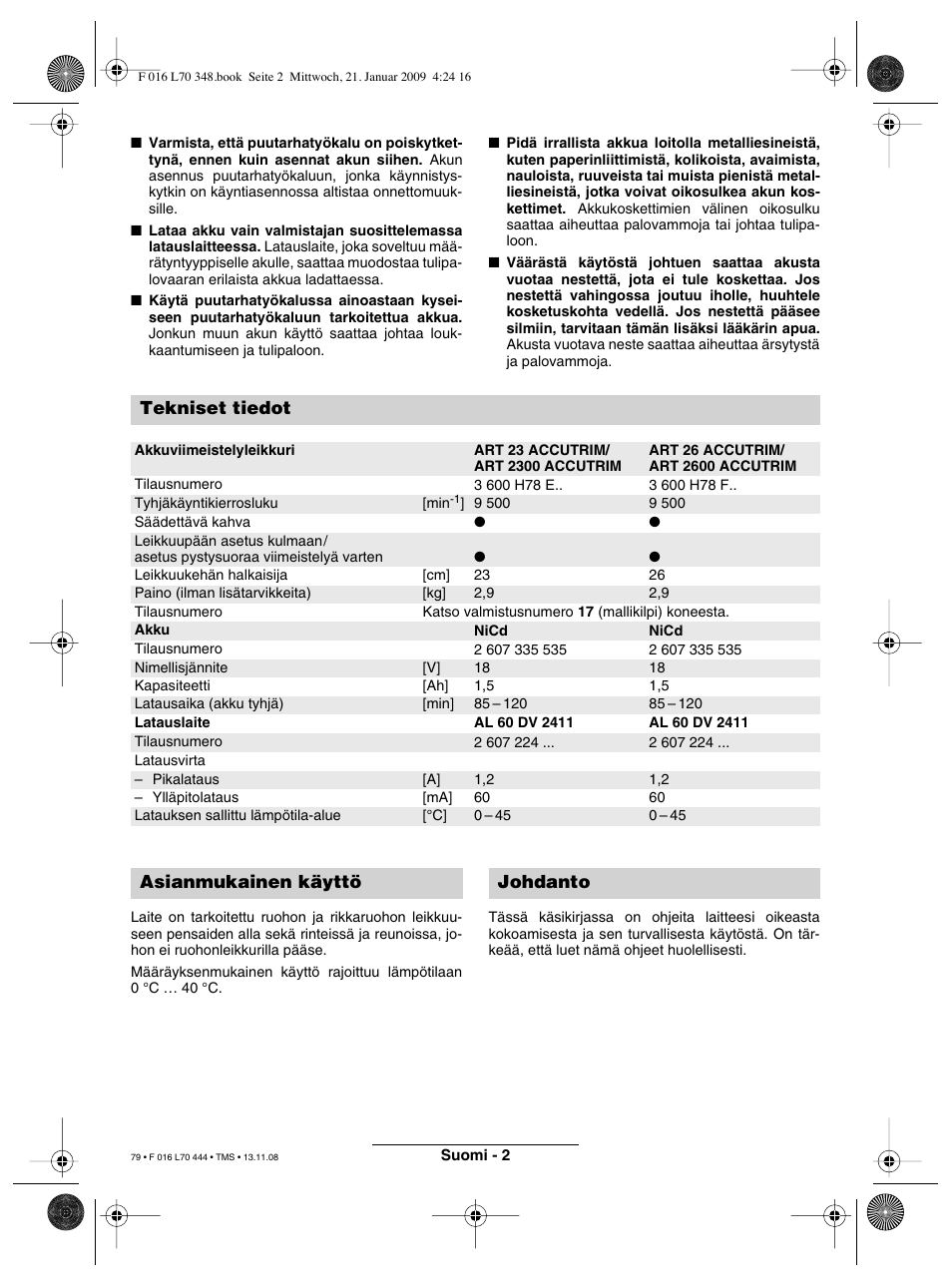 Tekniset tiedot, Asianmukainen käyttö johdanto | Bosch ART 23 Accutrim User Manual | Page 79 / 201