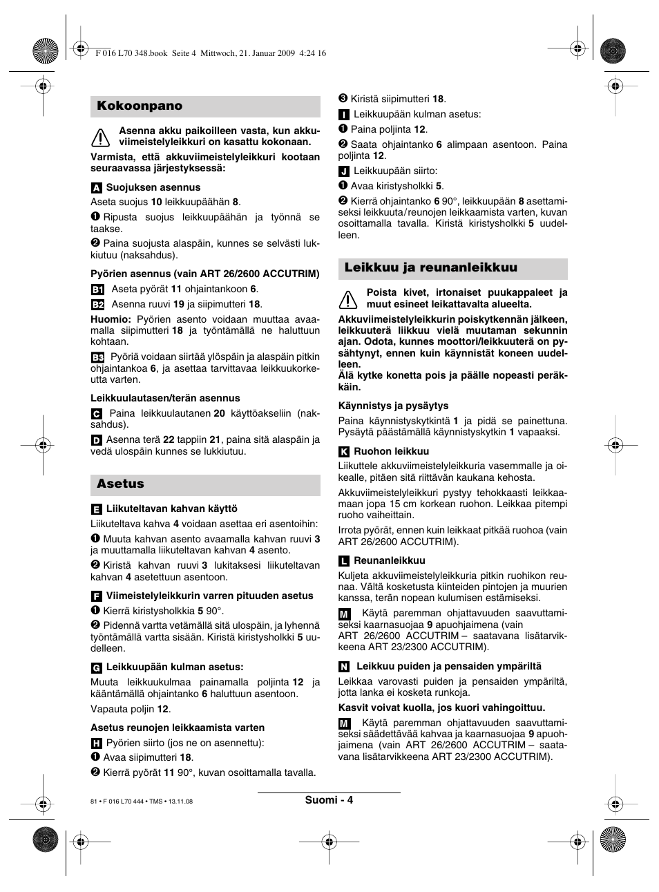 Kokoonpano asetus, Leikkuu ja reunanleikkuu | Bosch ART 23 Accutrim User Manual | Page 81 / 201