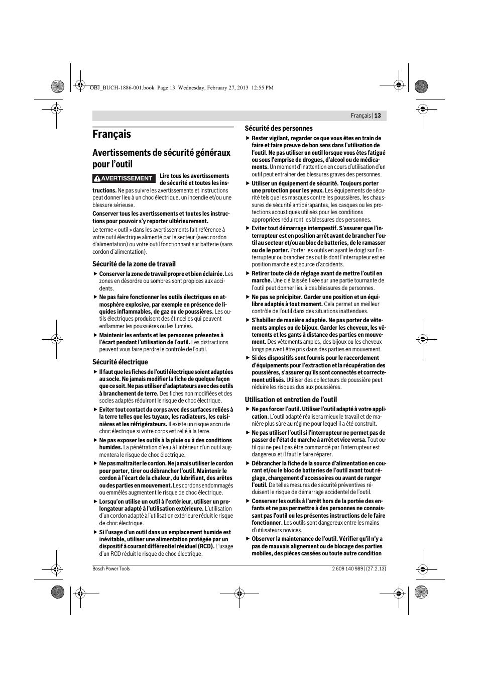 Français, Avertissements de sécurité généraux pour l’outil | Bosch GSR 18-2-LI Professional User Manual | Page 13 / 146