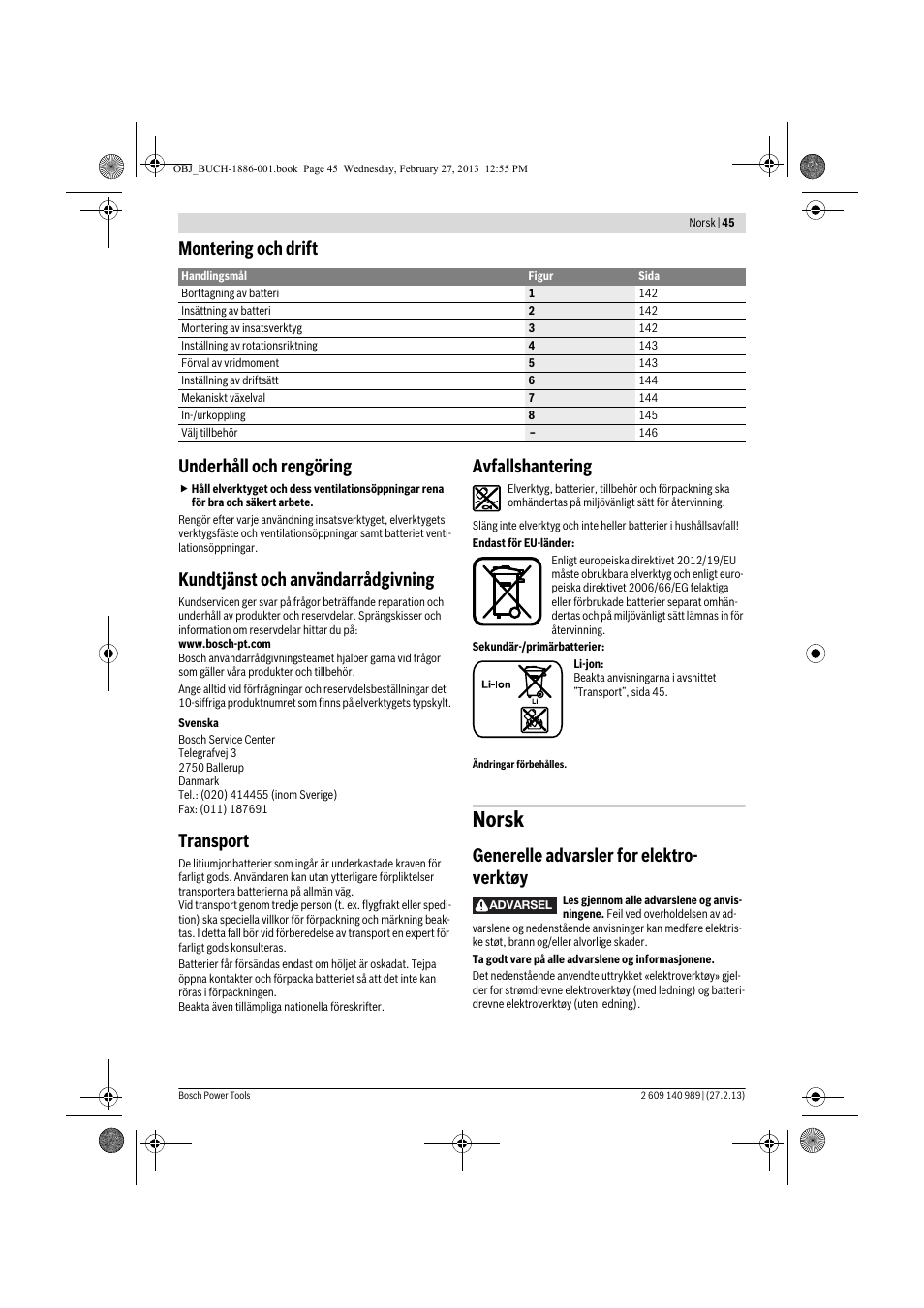 Norsk, Montering och drift underhåll och rengöring, Kundtjänst och användarrådgivning | Transport, Avfallshantering, Generelle advarsler for elektro- verktøy | Bosch GSR 18-2-LI Professional User Manual | Page 45 / 146