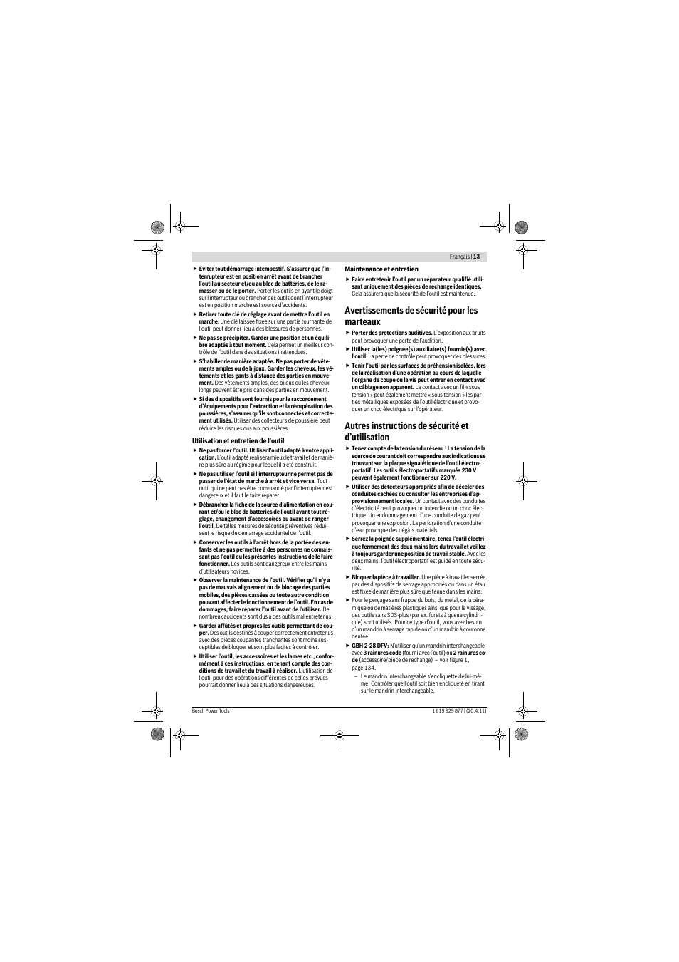 Avertissements de sécurité pour les marteaux, Autres instructions de sécurité et d’utilisation | Bosch GBH 2-28 DFV Professional User Manual | Page 13 / 142