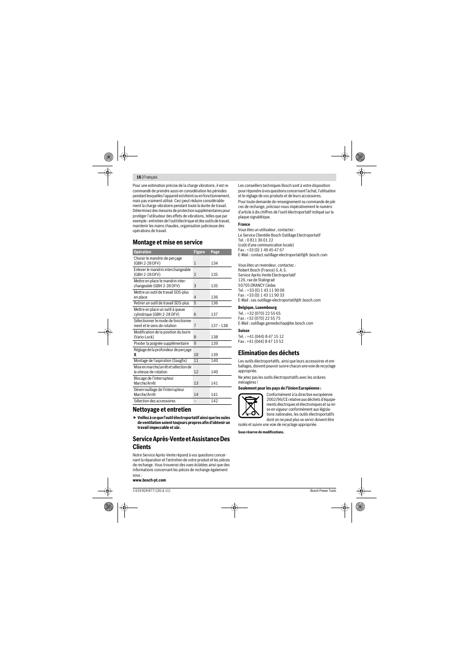 Montage et mise en service nettoyage et entretien, Service après-vente et assistance des clients, Elimination des déchets | Bosch GBH 2-28 DFV Professional User Manual | Page 16 / 142