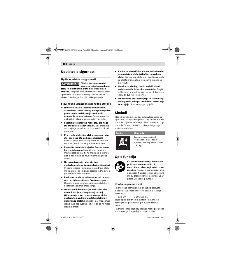 Uputstva o sigurnosti, Simboli, Opis funkcija | Bosch GTA 60 W Professional User Manual | Page 108 / 135