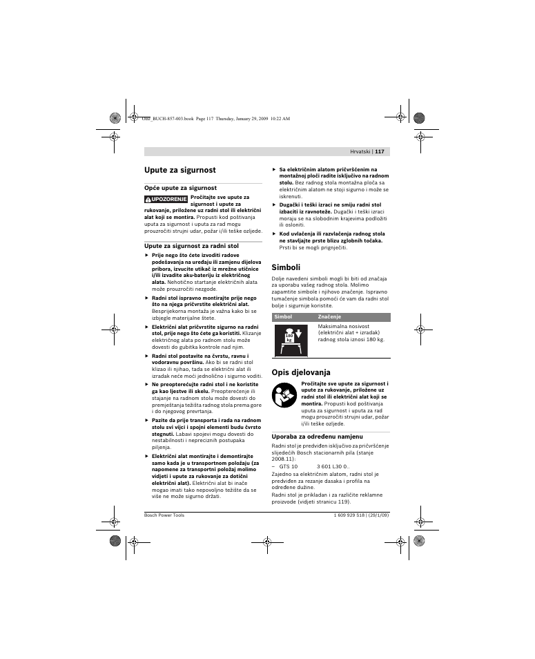 Upute za sigurnost, Simboli, Opis djelovanja | Bosch GTA 60 W Professional User Manual | Page 117 / 135