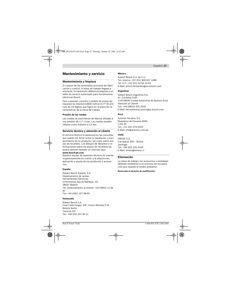 Mantenimiento y servicio | Bosch GTA 60 W Professional User Manual | Page 27 / 135