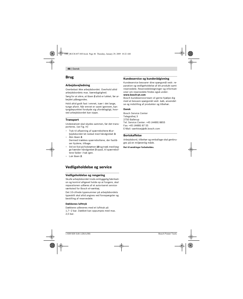 Brug, Vedligeholdelse og service | Bosch GTA 60 W Professional User Manual | Page 46 / 135