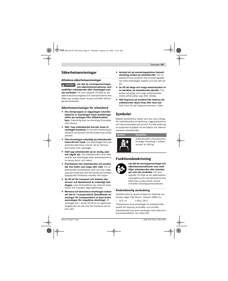 Säkerhetsanvisningar, Symboler, Funktionsbeskrivning | Bosch GTA 60 W Professional User Manual | Page 47 / 135