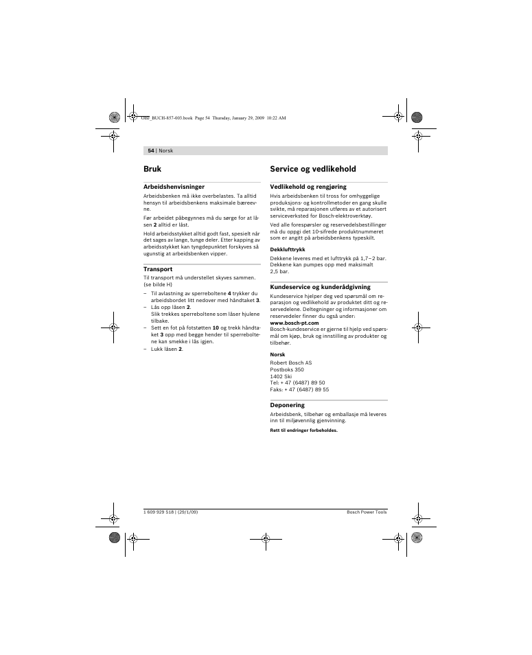 Bruk, Service og vedlikehold | Bosch GTA 60 W Professional User Manual | Page 54 / 135