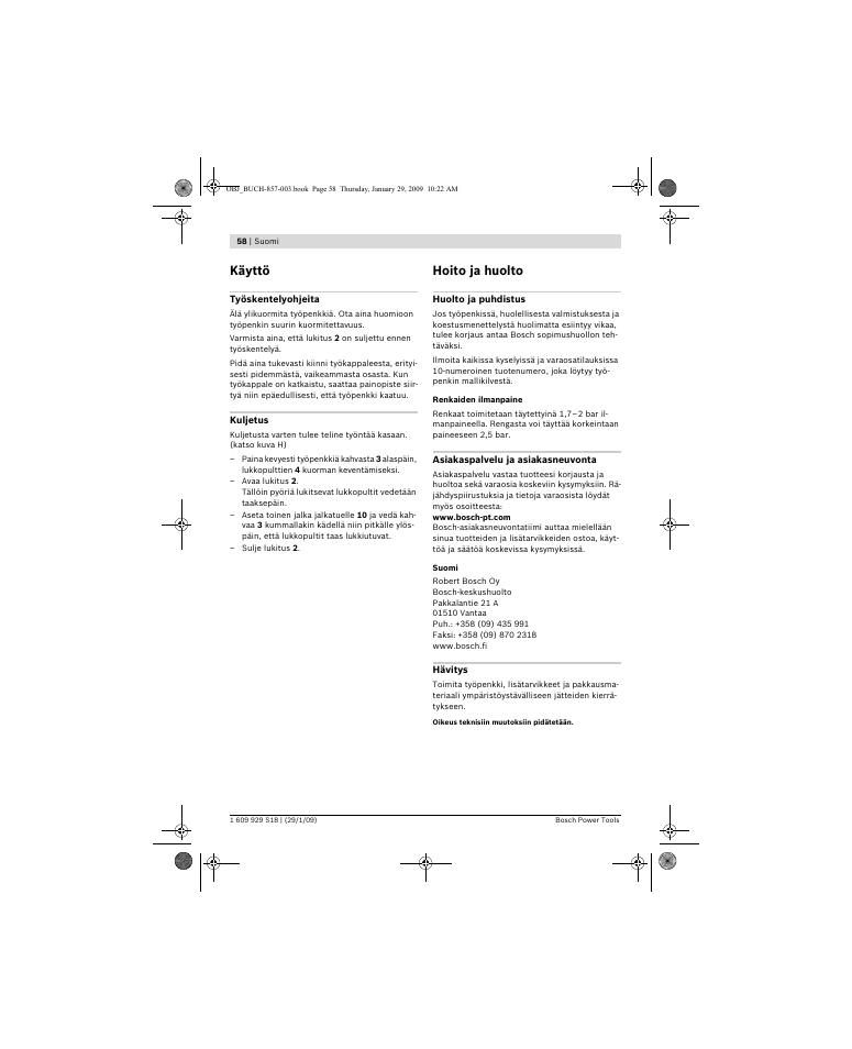 Käyttö, Hoito ja huolto | Bosch GTA 60 W Professional User Manual | Page 58 / 135