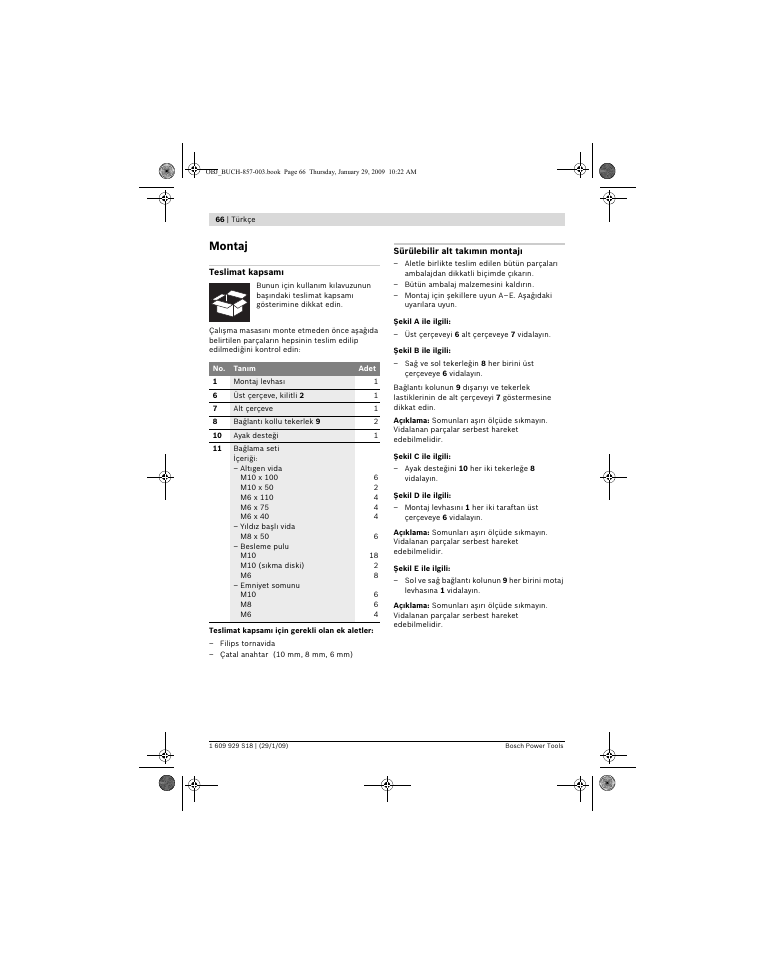 Montaj | Bosch GTA 60 W Professional User Manual | Page 66 / 135
