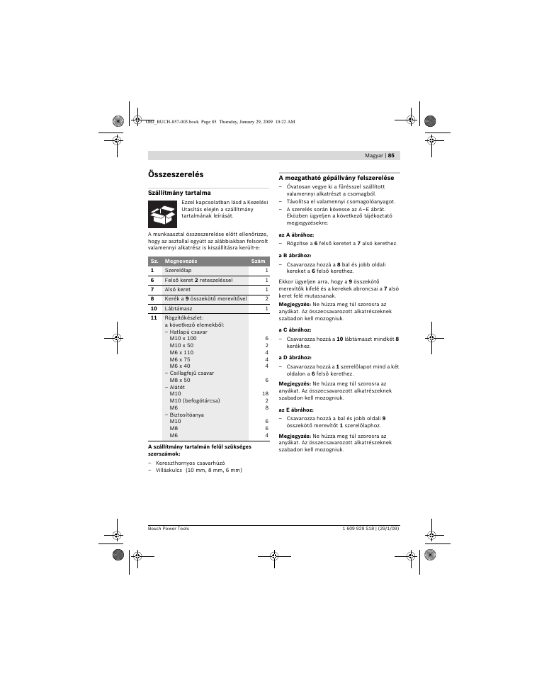 Összeszerelés | Bosch GTA 60 W Professional User Manual | Page 85 / 135