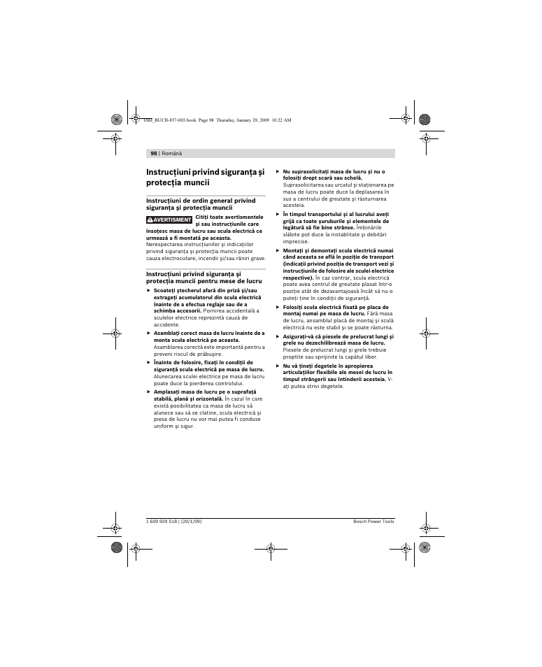 Instrucţiuni privind siguranţa şi protecţia muncii | Bosch GTA 60 W Professional User Manual | Page 98 / 135