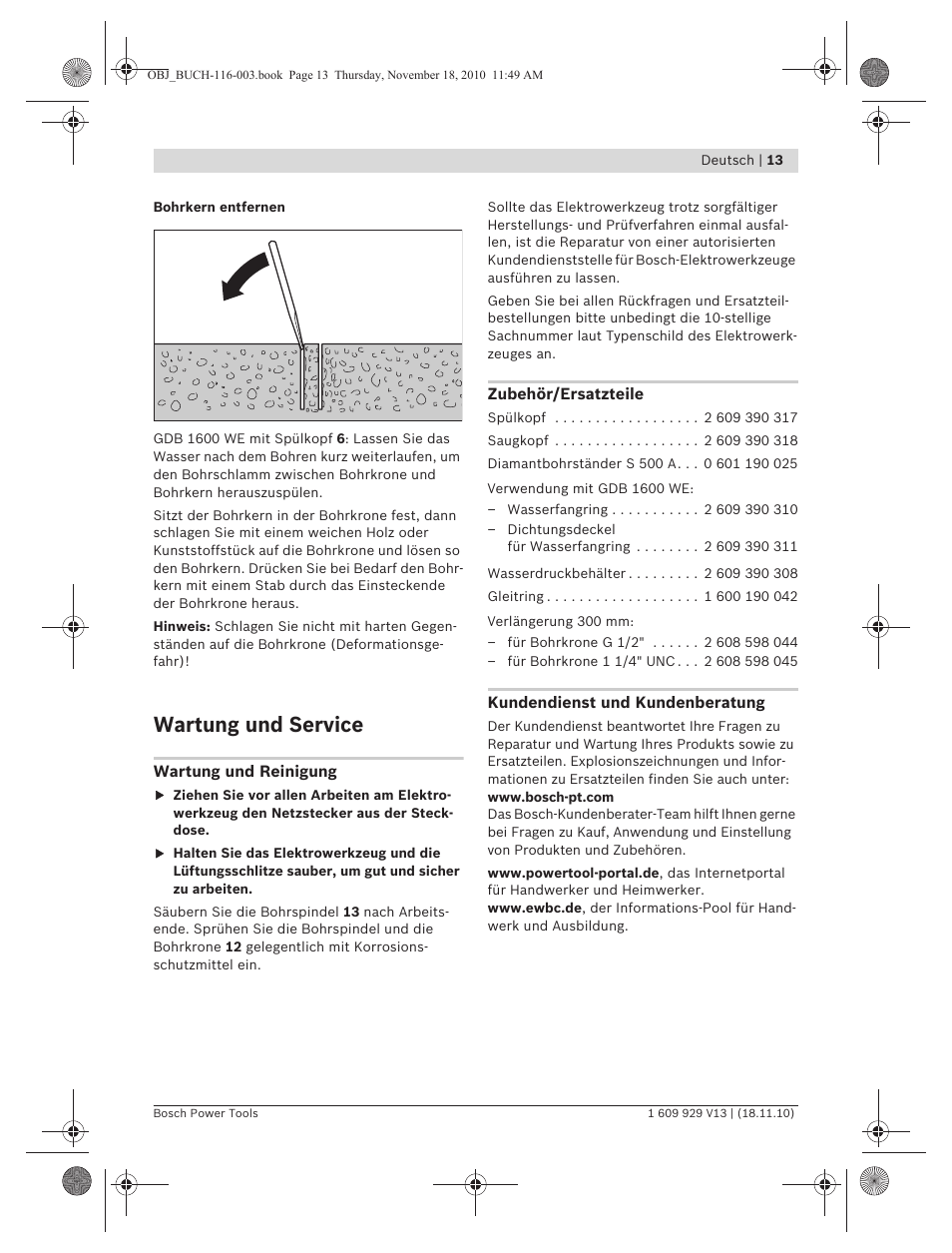 Wartung und service | Bosch GDB 1600 WE Professional User Manual | Page 13 / 314