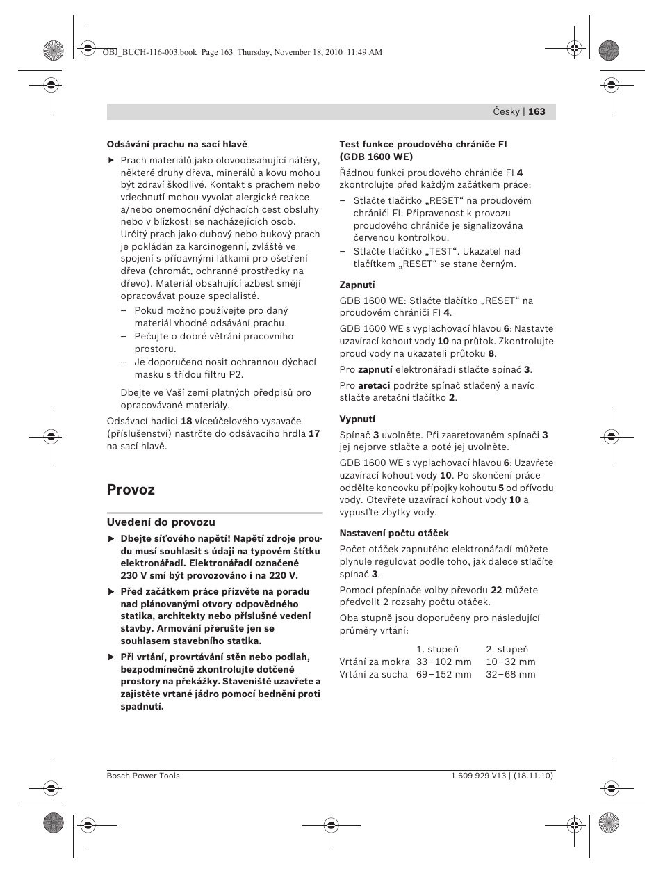 Provoz | Bosch GDB 1600 WE Professional User Manual | Page 163 / 314