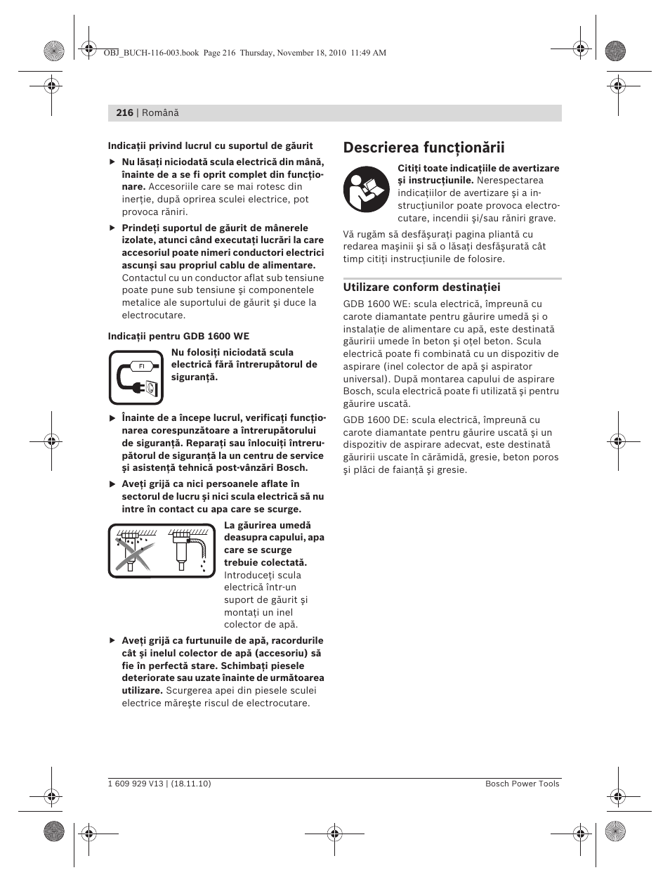 Descrierea funcţionării | Bosch GDB 1600 WE Professional User Manual | Page 216 / 314