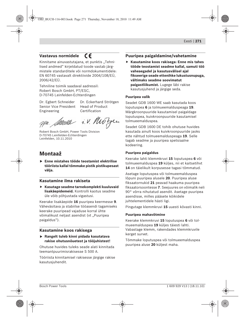 Montaaž | Bosch GDB 1600 WE Professional User Manual | Page 271 / 314